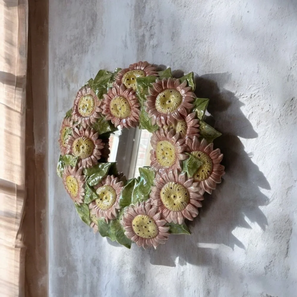 Floral Sunflower Wall Mirror - Pink and Green majolica ceramic artist mirror